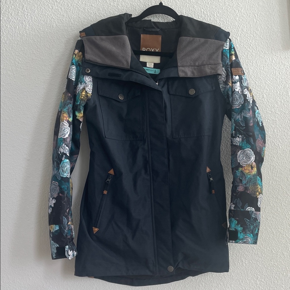 Roxy Black Hooded Utility Jacket with Floral-Print Sleeves